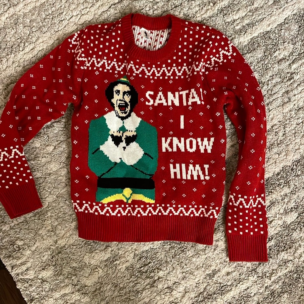 Christmas Sweater; Small men’s “Elf” “Santa I know him”
